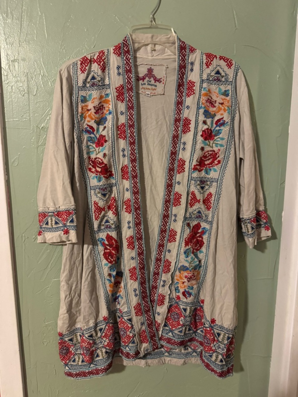 Embroidered Open-Front Boho Cardigan - Cream with Red Floral Embroidery